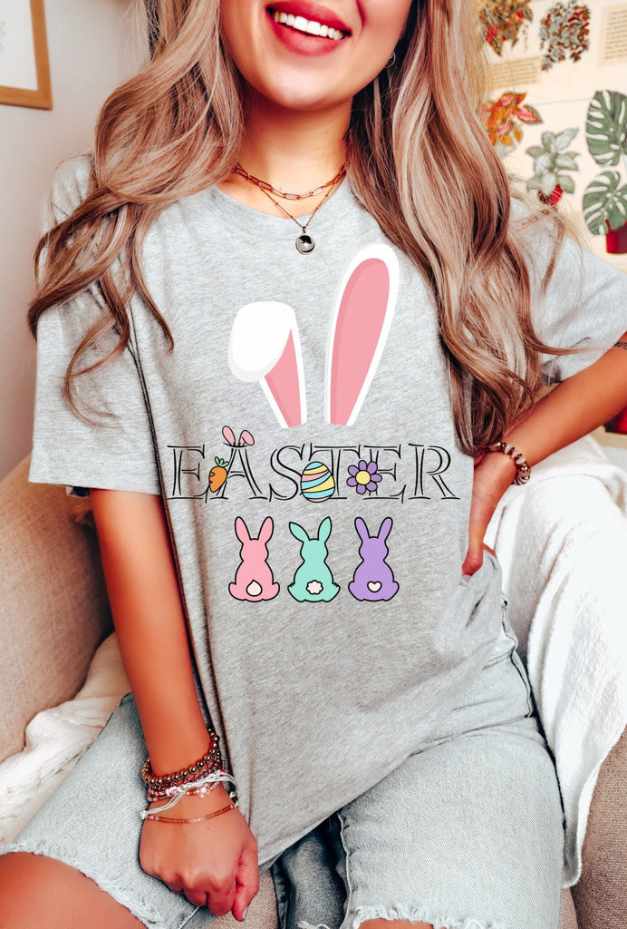 Happy Easter GREY Shirt Bunny T Shirt For Her Gift For Mom Tee Cute Crewneck TShirt Top Easter Sunday TShirt Gift For Her Fun Bunny Egg Tee