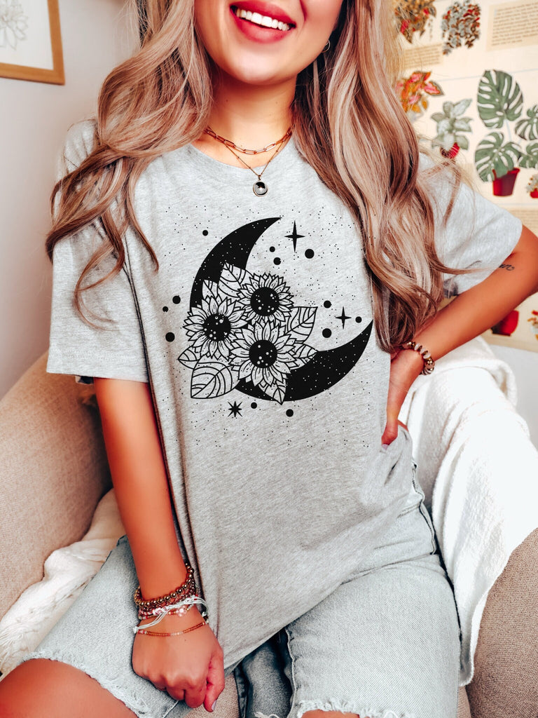 Grey Moon T Shirt Celestial Shirt Moth Butterfly T Shirts Moon Graphic Moon Phase Astrology Astronomy Moon Shirt Garment Dyed Boho Vintag