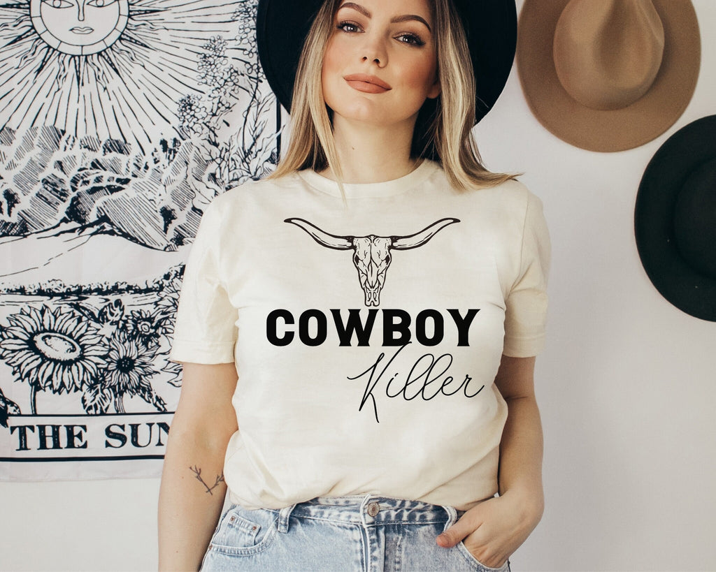 Cowboy Killer Boho Cow Skull Shirt Howdy Shirt Wild West Shirt Western Graphic Tee Cowgirl Shirt Bull Skull Tee Southwest Top Western Tee